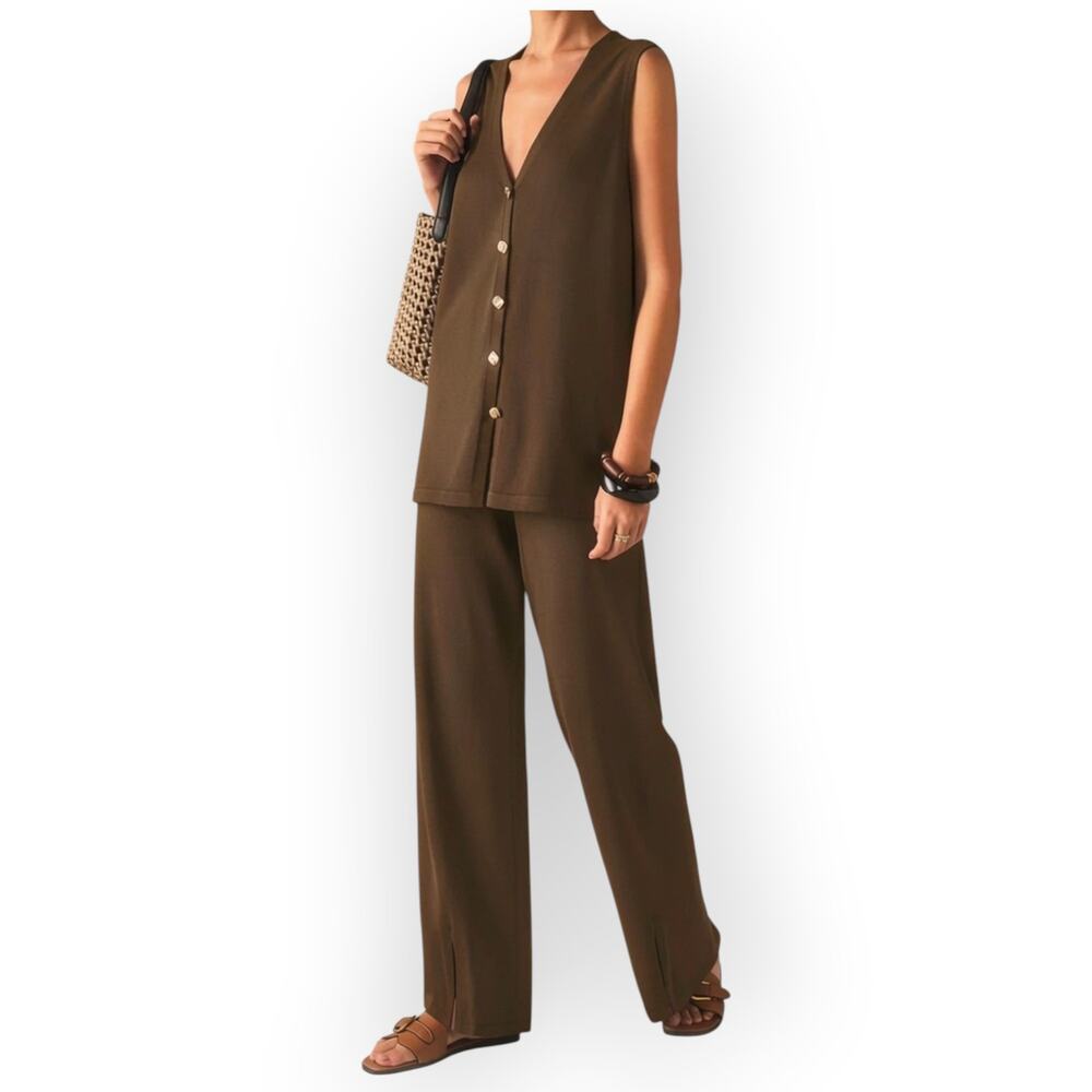 Commense Brown Knit Vest & Wide Leg Pants Set Gold Button Lounge Set NWT XL - Picture 3 of 7